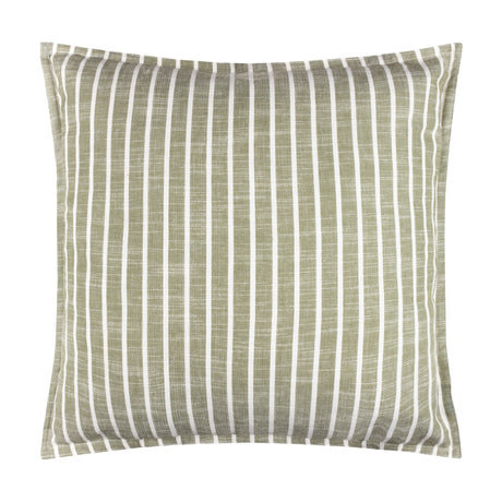 Hessle Stripe square cushion in eucalyptus green with white yarn-dyed vertical stripes, cotton cover with piped edge, shown on a plain white background.