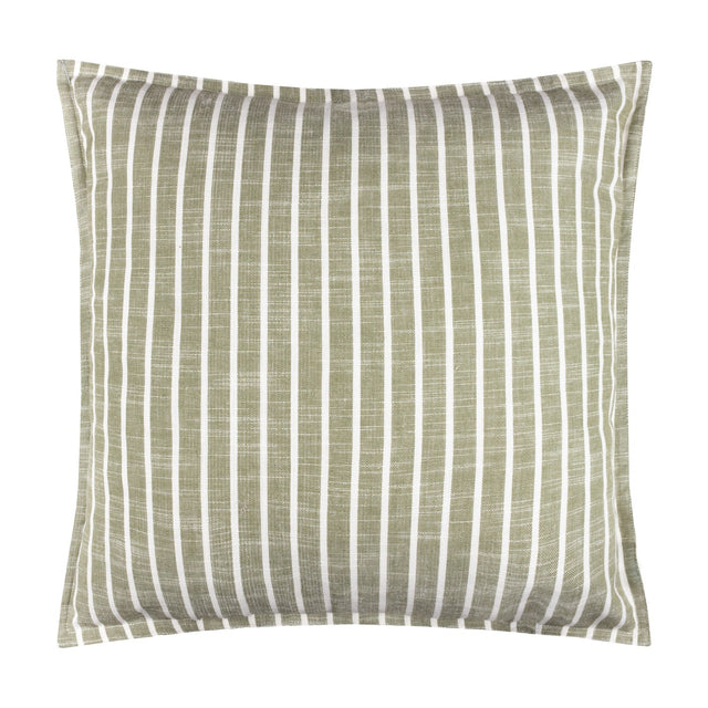 Hessle Stripe square cushion in eucalyptus green with white yarn-dyed vertical stripes, cotton cover with piped edge, shown on a plain white background.