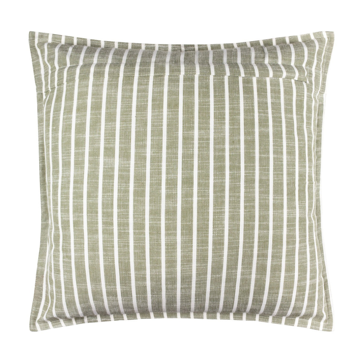 Hessle Stripe Yarn-Dyed Cotton Cushion in eucalyptus green, a square cushion with vertical white pinstripes and a rear zip opening, shown on a plain white background.