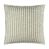 Hessle Stripe Yarn-Dyed Cotton Cushion in eucalyptus green, a square cushion with vertical white pinstripes and a rear zip opening, shown on a plain white background.