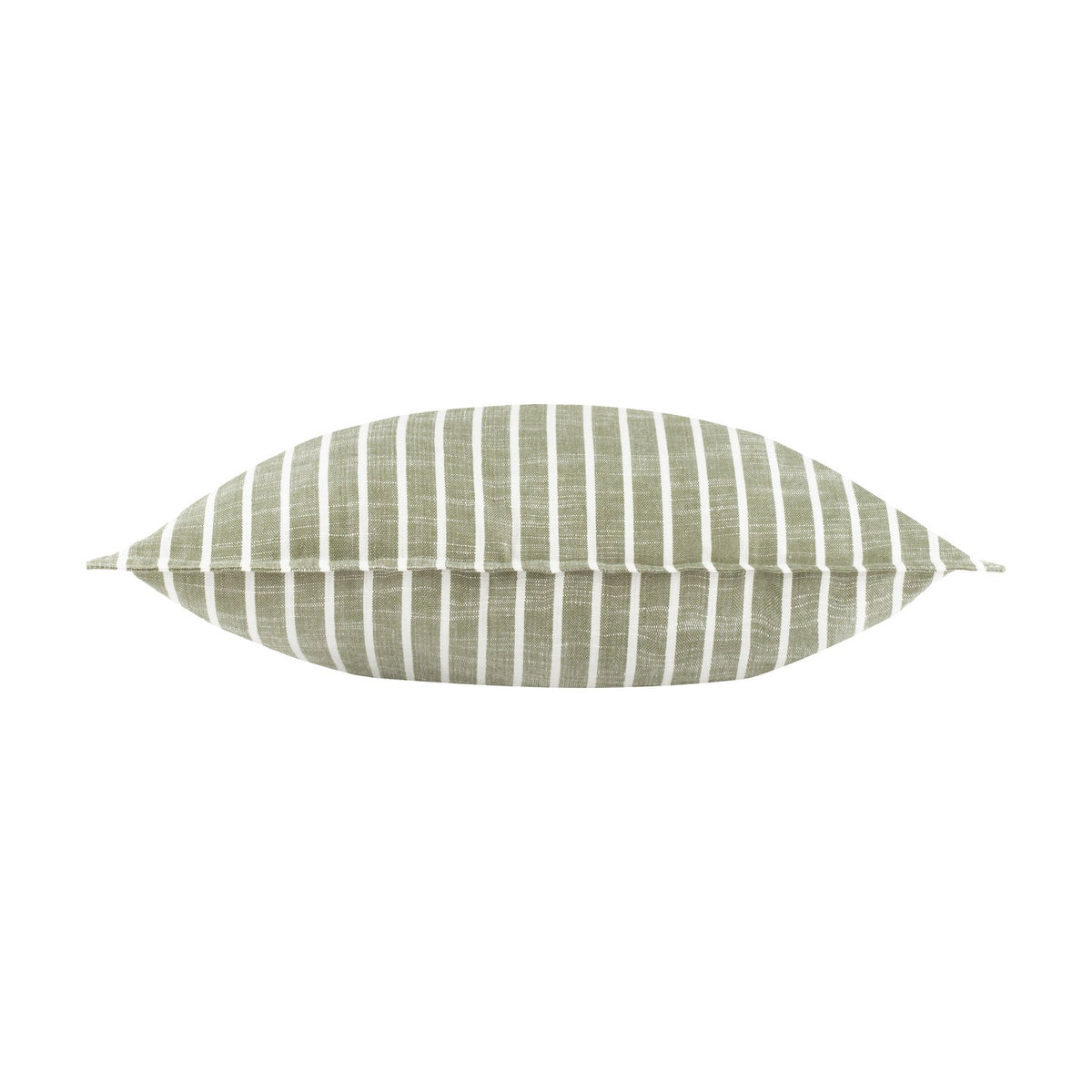 Hessle Stripe Yarn-Dyed Cotton Cushion in eucalyptus green with white vertical stripes, shown from the side edge on a plain white background.