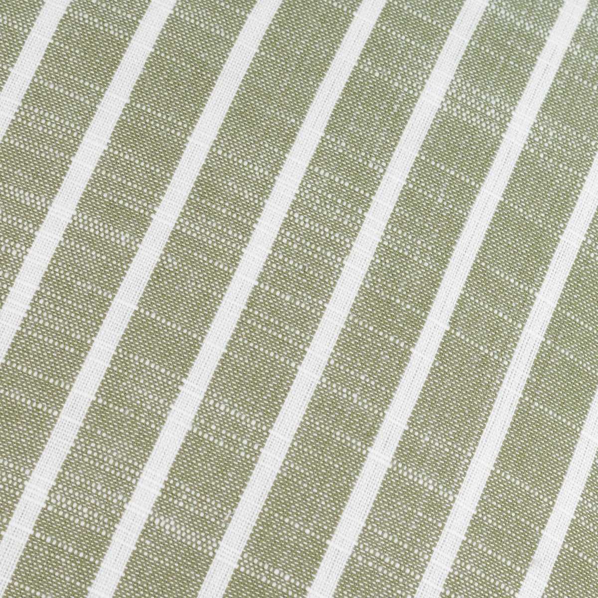 Close-up of the Hessle Stripe cushion fabric, showing yarn-dyed eucalyptus green and white woven diagonal stripes in cotton.