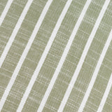 Close-up of the Hessle Stripe cushion fabric, showing yarn-dyed eucalyptus green and white woven diagonal stripes in cotton.