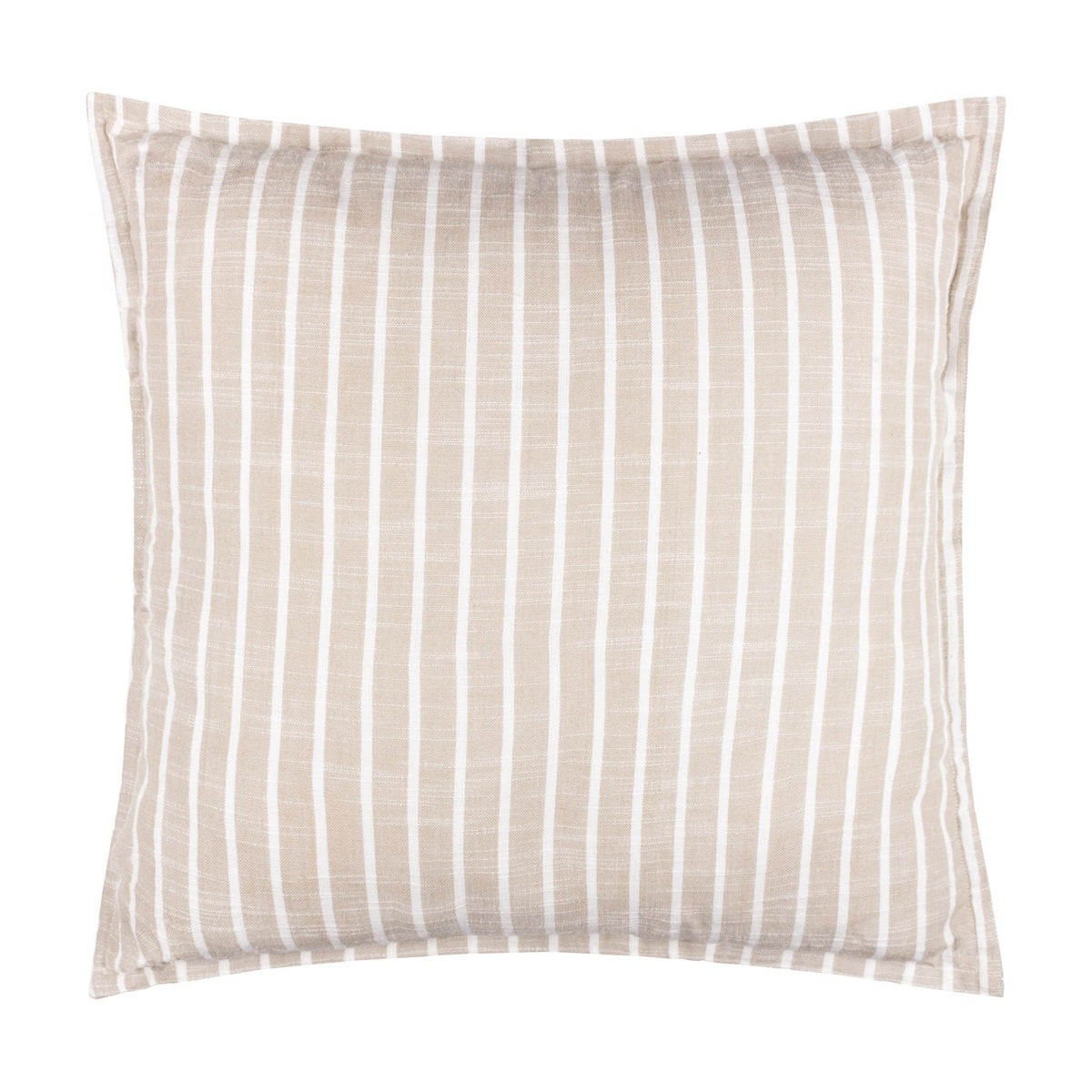 Square Hessle Stripe cushion in yarn-dyed 100% cotton, natural sandy ground with fine white vertical stripes, shown flat on a plain white background.