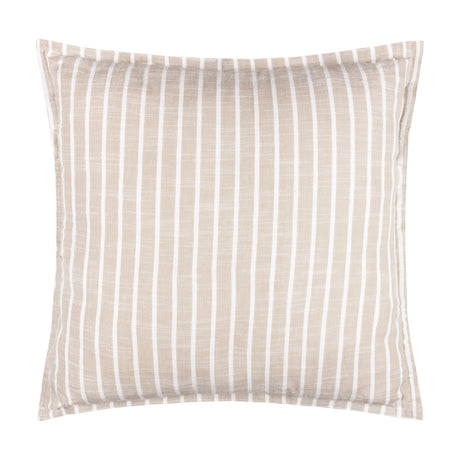 Square Hessle Stripe cushion in yarn-dyed 100% cotton, natural sandy ground with fine white vertical stripes, shown flat on a plain white background.
