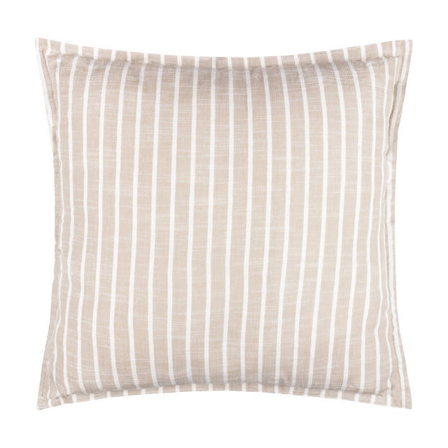 Square Hessle Stripe cushion in yarn-dyed 100% cotton, natural sandy ground with fine white vertical stripes, shown flat on a plain white background.