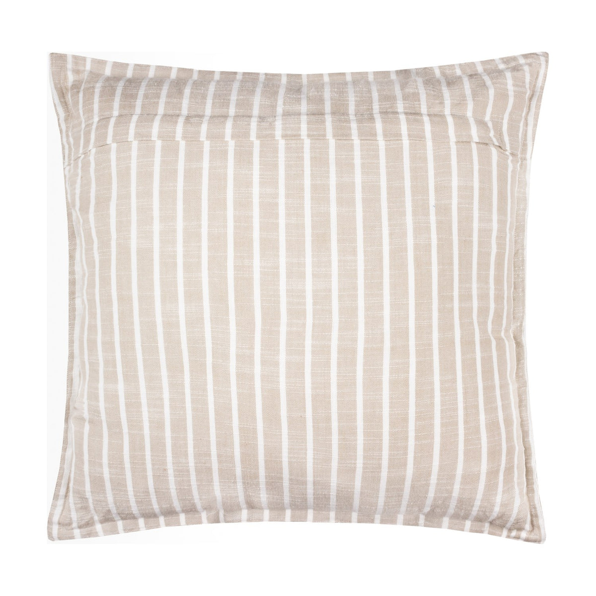 Square Hessle Stripe cushion in natural cotton with fine yarn-dyed white vertical stripes on a sandy ground, shown on a plain white background.