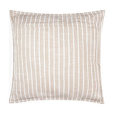 Square Hessle Stripe cushion in natural cotton with fine yarn-dyed white vertical stripes on a sandy ground, shown on a plain white background.