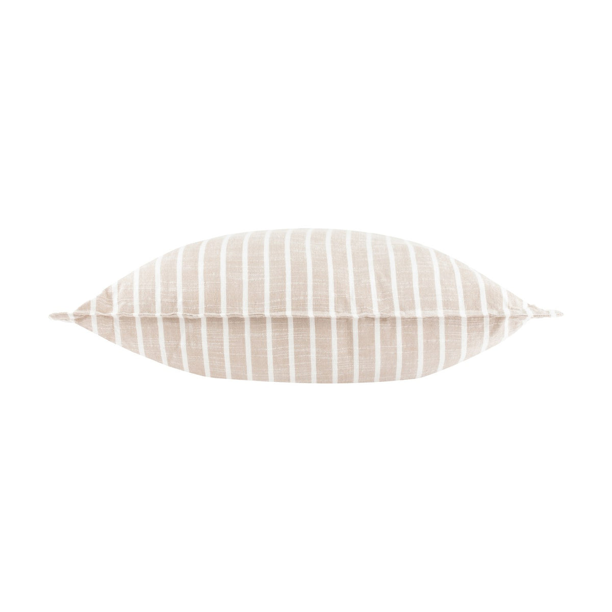 Hessle Stripe Yarn-Dyed Cotton Cushion in Natural, a rectangular cushion with fine white vertical stripes on a sandy beige cotton ground, shown on a plain white background.