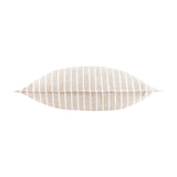 Hessle Stripe Yarn-Dyed Cotton Cushion in Natural, a rectangular cushion with fine white vertical stripes on a sandy beige cotton ground, shown on a plain white background.