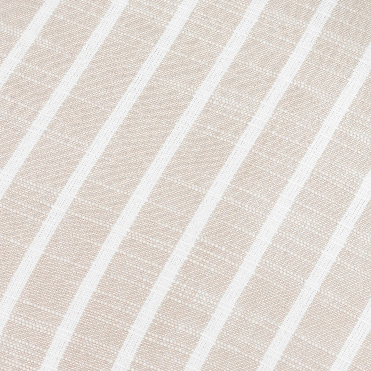 Close-up of Hessle Stripe Yarn-Dyed Cotton Cushion fabric in natural, showing fine woven white vertical stripes on a sandy cotton ground.