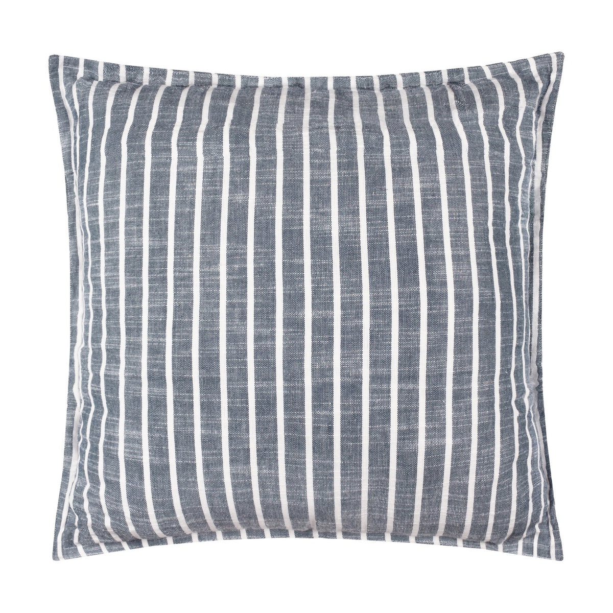 Hessle Stripe Yarn-Dyed Cotton Cushion in navy with fine white vertical stripes and a flat oxford edge border, shown on a plain white background.