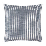 Hessle Stripe Yarn-Dyed Cotton Cushion in navy with fine white vertical stripes and a flat oxford edge border, shown on a plain white background.