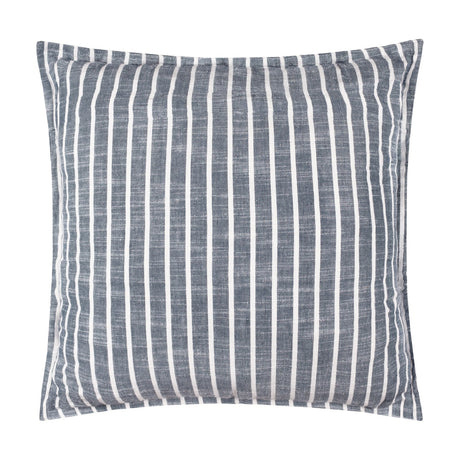 Hessle Stripe Yarn-Dyed Cotton Cushion in navy with fine white vertical stripes and a flat oxford edge border, shown on a plain white background.
