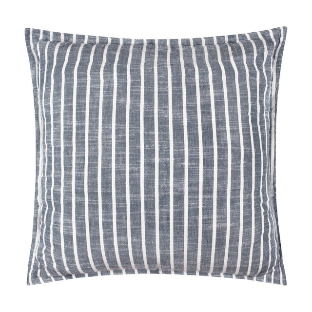 Hessle Stripe Yarn-Dyed Cotton Cushion in navy with fine white vertical stripes and a flat oxford edge border, shown on a plain white background.