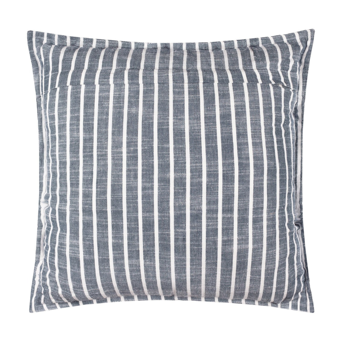 Hessle Stripe Yarn-Dyed Cotton Cushion in navy, square with fine white vertical stripes and a flat oxford edge border, shown on a plain white background.
