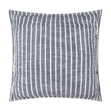 Hessle Stripe Yarn-Dyed Cotton Cushion in navy, square with fine white vertical stripes and a flat oxford edge border, shown on a plain white background.