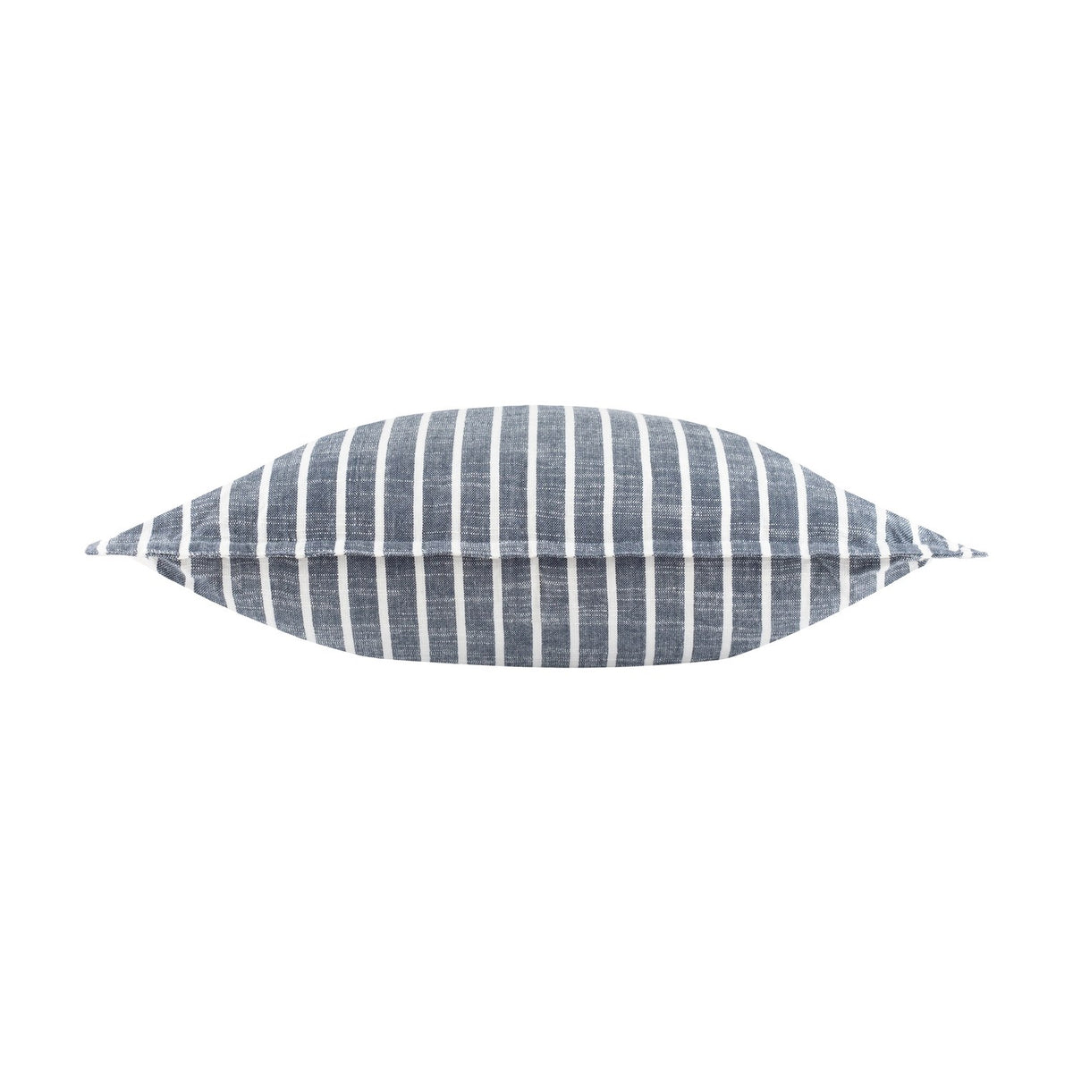 Hessle Stripe Yarn-Dyed Cotton Cushion in navy with white vertical stripes, shown edge-on against a plain white background.