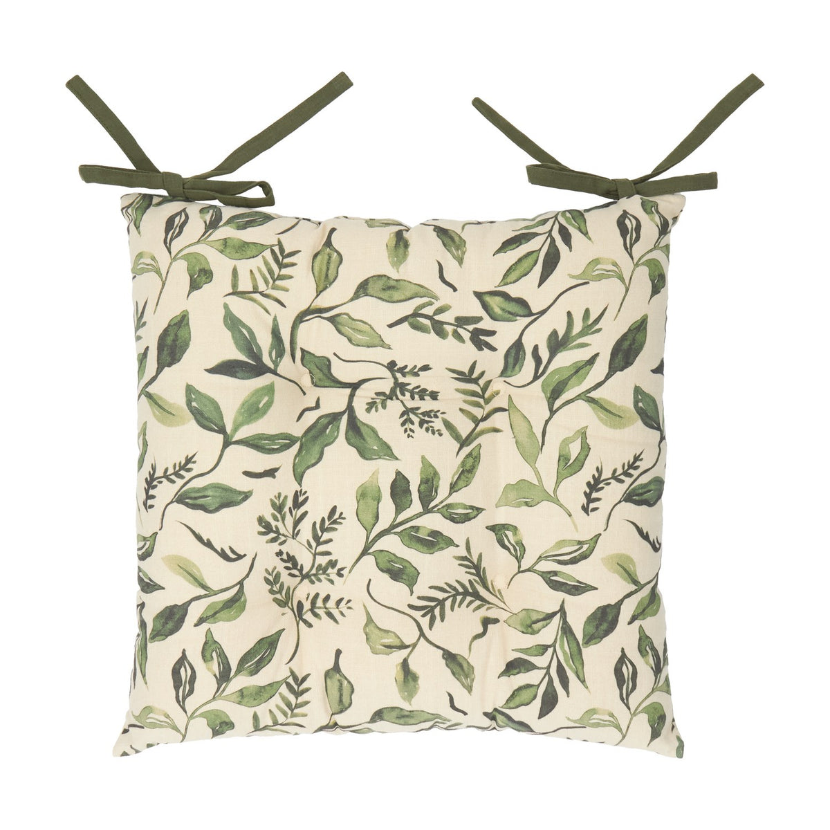 Square Herb Garden linen-cotton seat pad in cream with green leaf print and olive green tie fastenings, shown on a plain white background.