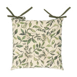 Square Herb Garden linen-cotton seat pad in cream with green leaf print and olive green tie fastenings, shown on a plain white background.