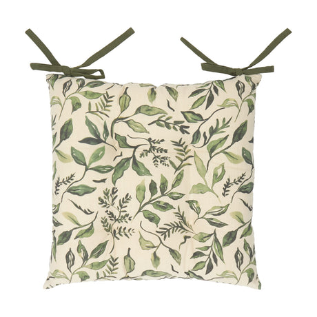 Square Herb Garden linen-cotton seat pad in cream with green leaf print and olive green tie fastenings, shown on a plain white background.