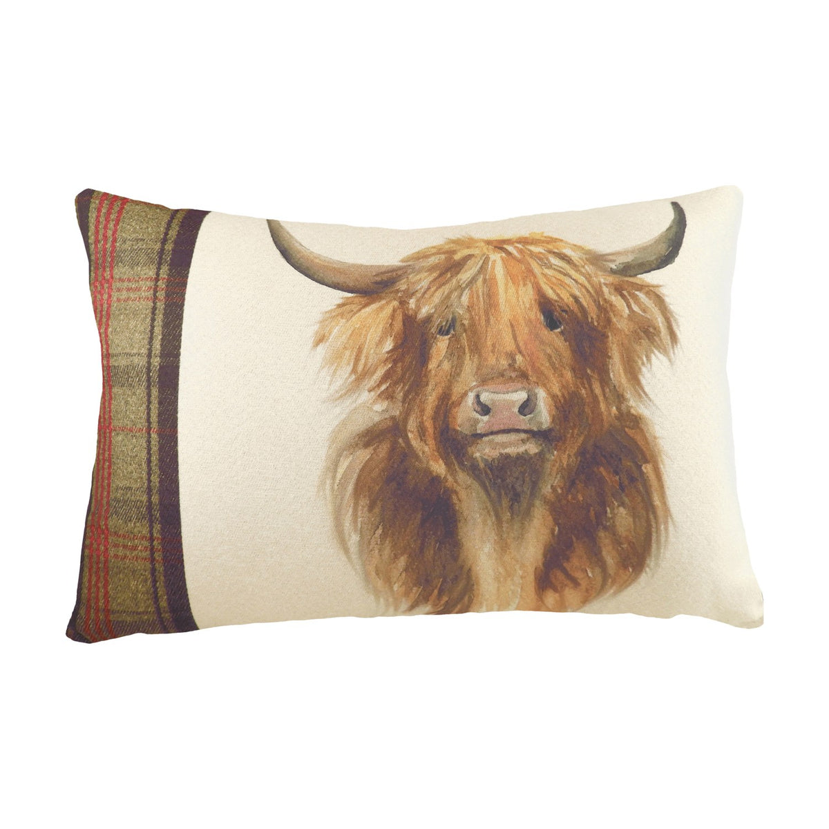 Rectangular linen cushion with a watercolour Highland cow print on a natural ground, bordered by a green and rust tartan panel down one side, shown on a white background.
