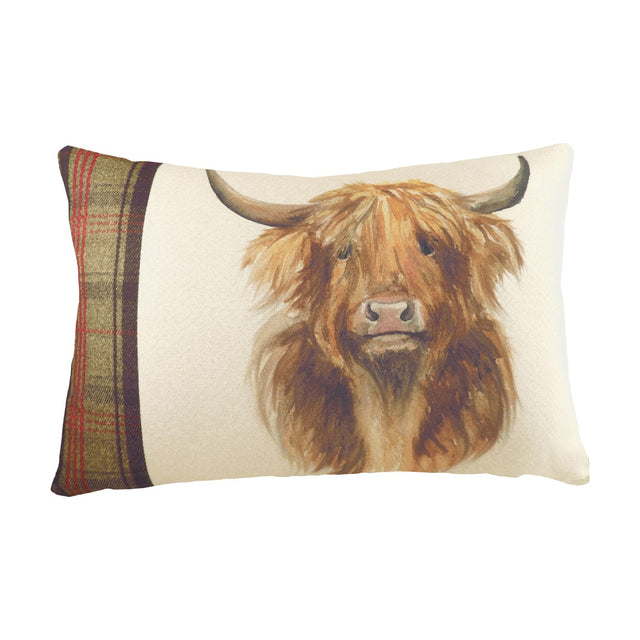 Rectangular linen cushion with a watercolour Highland cow print on a natural ground, bordered by a green and rust tartan panel down one side, shown on a white background.