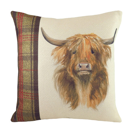 Hunter Animal Linen Cushion featuring a hand-painted Highland cow in amber and brown tones on a natural ground, with an olive, brown and red tartan panel down one side, shown on a white background.
