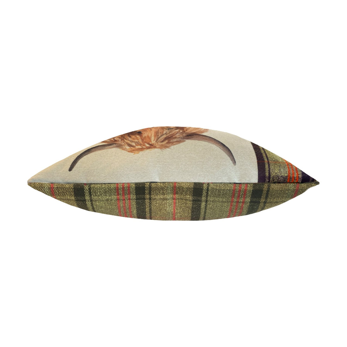 Hunter Animal Linen Cushion shown side-on with a Highland cow print on one face and an olive, brown and red tartan panel on the reverse, against a white background.