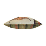 Hunter Animal Linen Cushion shown side-on with a Highland cow print on one face and an olive, brown and red tartan panel on the reverse, against a white background.