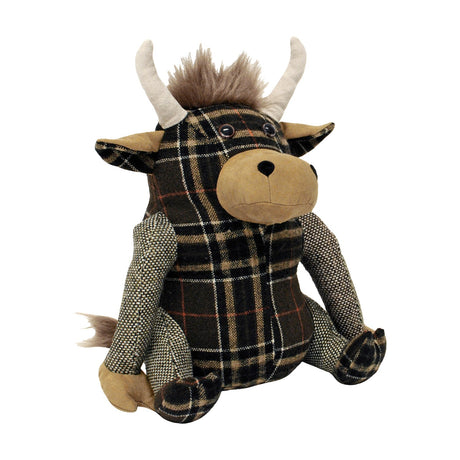 Highland Cow Animal Polyester Door Stop in brown tartan fabric, seated figure with tan snout, pale horns and tufted hair, on a plain white background.