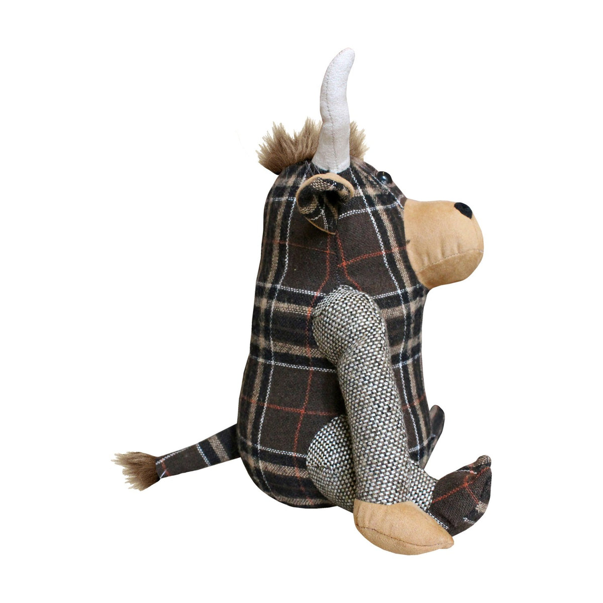 Highland Cow Animal Polyester Door Stop in brown tartan fabric, seated figure with tan snout and hooves, pale horns and tufted hair, on a plain white background.