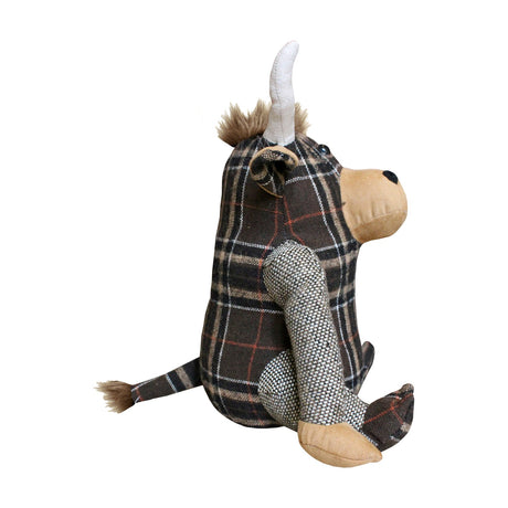 Highland Cow Animal Polyester Door Stop in brown tartan fabric, seated figure with tan snout and hooves, pale horns and tufted hair, on a plain white background.