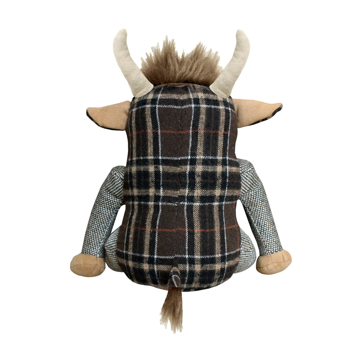 Highland Cow Animal Polyester Door Stop in brown tartan fabric, seated figure with tan snout, ears and hands, pale horns and tufted hair, shown on a plain white background.