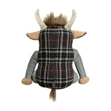 Highland Cow Animal Polyester Door Stop in brown tartan fabric, seated figure with tan snout, ears and hands, pale horns and tufted hair, shown on a plain white background.