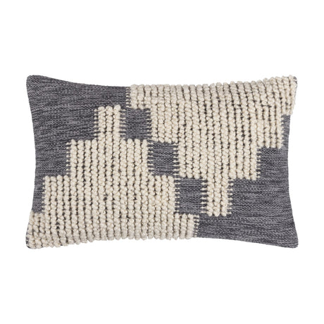 Himal Abstract Cotton Cushion in Dusk, an oblong lumbar cushion with a stepped geometric pattern in charcoal grey marled weave and cream raised knotted loops, shown on a white background.