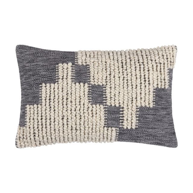 Himal Abstract Cotton Cushion in Dusk, an oblong lumbar cushion with a stepped geometric pattern in charcoal grey marled weave and cream raised knotted loops, shown on a white background.