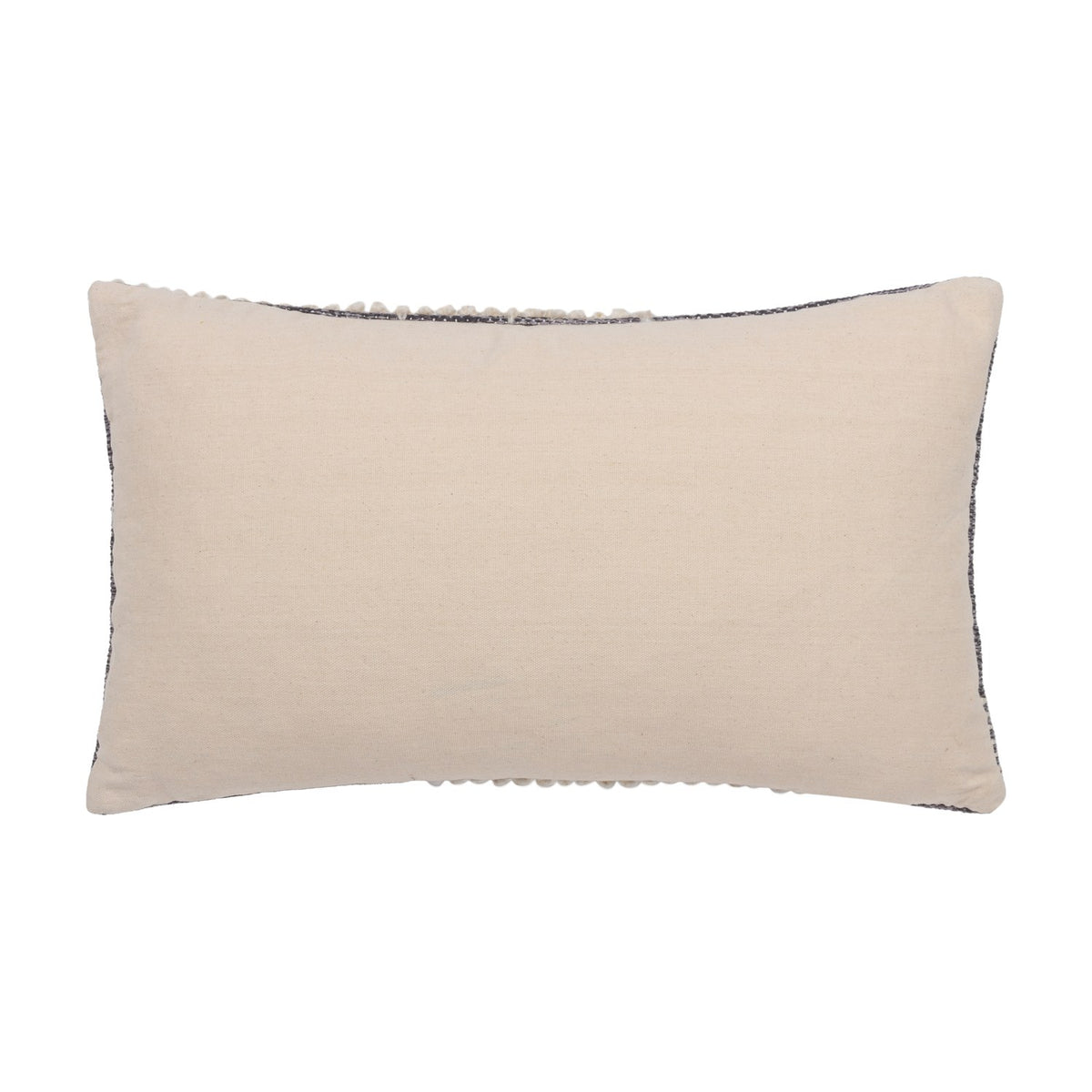 Himal Abstract Cotton Cushion in Dusk, plain cream reverse side shown, oblong lumbar shape with grey piped edge trim, photographed on a white background.
