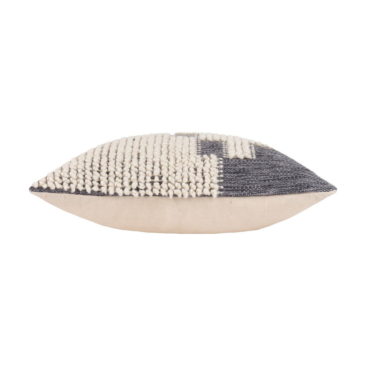 Side view of the Himal Abstract Cotton Cushion in Dusk, showing its cream cotton back and a textured grey and cream trim with looped and flat-woven detailing, on a plain white background.