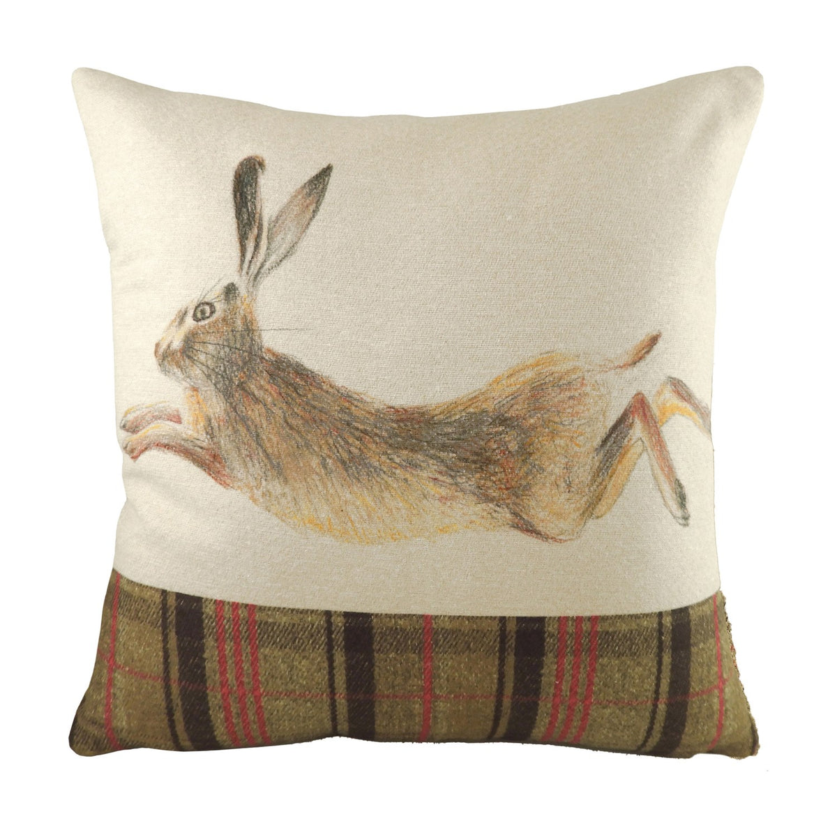 Hunter Animal Linen Cushion in Multicolour, square with a hand-painted leaping hare in brown and tan tones on natural fabric, above a green, black and red tartan panel, shown on a white background.