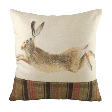 Hunter Animal Linen Cushion in Multicolour, square with a hand-painted leaping hare in brown and tan tones on natural fabric, above a green, black and red tartan panel, shown on a white background.