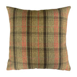 Square Hunter Animal Linen Cushion in tartan check with green, brown and red stripes on a natural ground, shown reverse side on a plain white background.