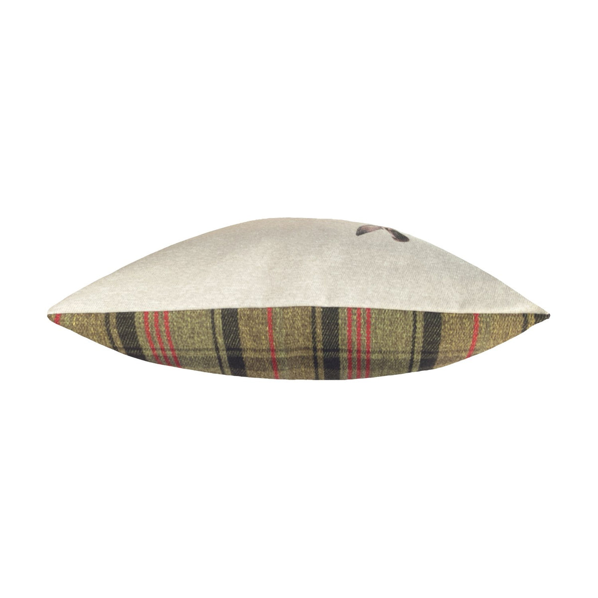 Side view of the Hunter Animal Linen Cushion, showing natural linen top with a partial hare motif and green, black and red tartan side panel, on a white background.