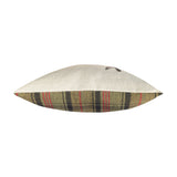 Side view of the Hunter Animal Linen Cushion, showing natural linen top with a partial hare motif and green, black and red tartan side panel, on a white background.