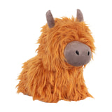 Highland Cow Velvet Faux Fur Door Stop in Orange, with shaggy fur, grey velvet snout and horns, shown against a plain white background.