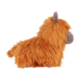 Highland Cow Velvet Faux Fur Door Stop in Orange, shown in profile with shaggy orange fur, grey velvet horns, snout and trotters, against a plain white background.