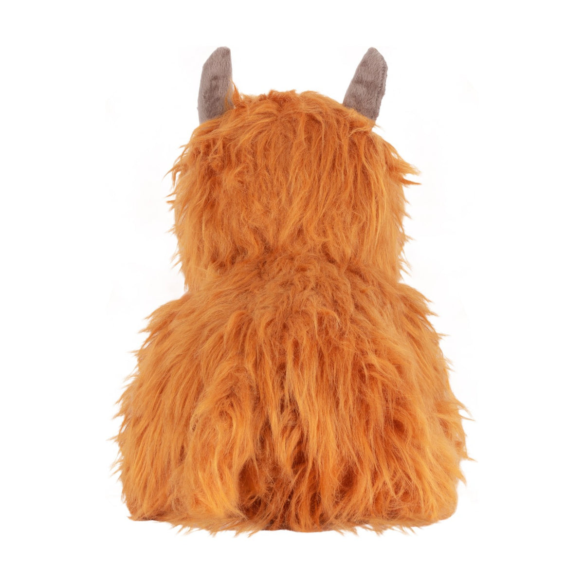 Highland Cow Velvet Faux Fur Door Stop in orange, shown from behind with shaggy fur covering the body and grey velvet horns visible, on a plain white background.