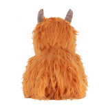 Highland Cow Velvet Faux Fur Door Stop in orange, shown from behind with shaggy fur covering the body and grey velvet horns visible, on a plain white background.