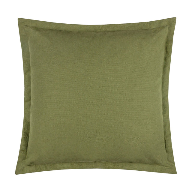 Holmfirth Canvas Plain Cotton Cushion in eucalyptus green, a square cushion with a flat flange edge and matt woven finish, shown on a plain white background.