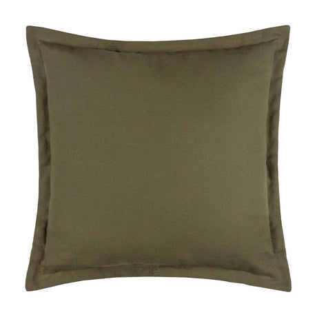 Holmfirth square scatter cushion in plain lichen olive-green cotton canvas with a flat oxford border trim, shown on a plain white background.